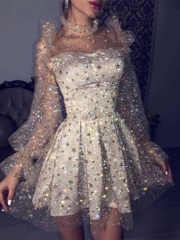 Gorgeous Sparkly Long Sleeves Star Tulle Short Homecoming Dresses Online, HD0634