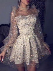 Gorgeous Sparkly Long Sleeves Star Tulle Short Homecoming Dresses Online, HD0634
