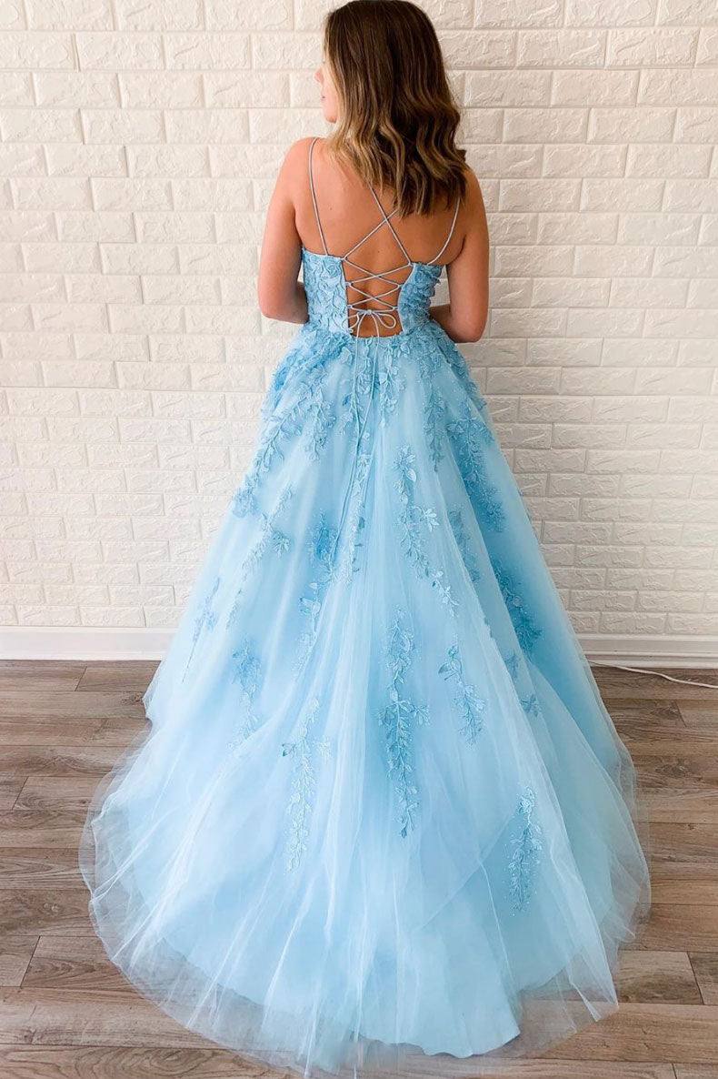 Blue sweetheart lace tulle long prom dress blue lace evening dress - RongMoon