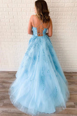 Blue sweetheart lace tulle long prom dress blue lace evening dress - RongMoon