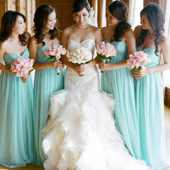 Simple Classic Sweetheart High Waist Strapless Floor-Length Blue Chiffon Long Wedding Party Bridesmaid Dresses, WG107