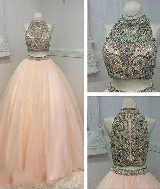 Custom made high neck two pieces long prom gown, evening dress - RongMoon
