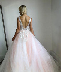 Pink V Neck Tulle Lace Appliques Wedding Dress
