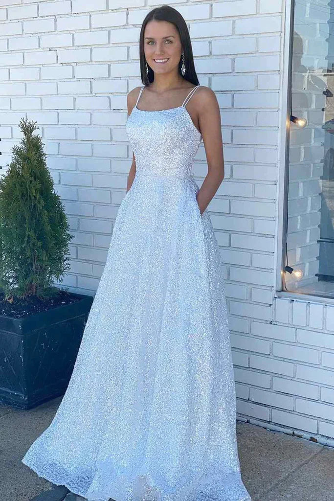 Lace-Up Back White Sequin Straps A-Line Prom Dress