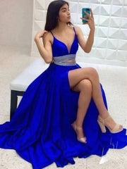 A Line Royal Blue Two Piece V Neck Beading Belt Prom Dress