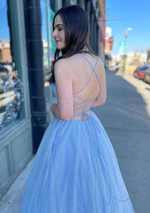 V Neck Blue Sparkly Tulle A-Line Prom Dress With Pockets