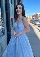 V Neck Blue Sparkly Tulle A-Line Prom Dress With Pockets