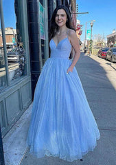 V Neck Blue Sparkly Tulle A-Line Prom Dress With Pockets