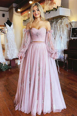 Floral Lace Two Piece Light Purple Long Sleeve Prom Dress
