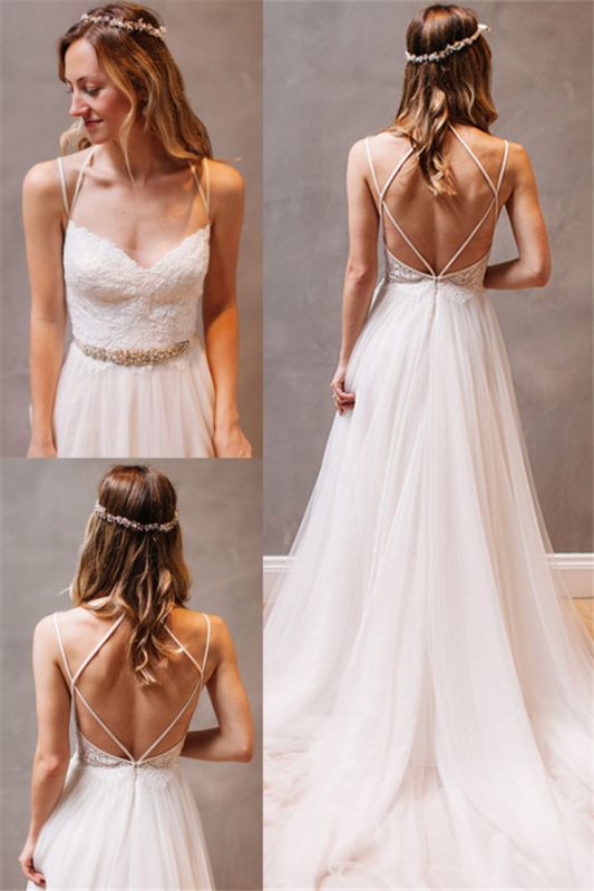 Summer A-Line Tulle Spaghetti Strap Open Back Beach Boho Wedding Dress