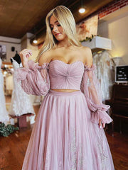 Floral Lace Two Piece Light Purple Long Sleeve Prom Dress