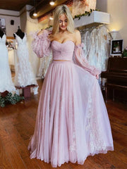 Floral Lace Two Piece Light Purple Long Sleeve Prom Dress
