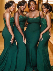 Beading Dark Green Mermaid Spagehtti Straps Appliques Bridesmaid Dress
