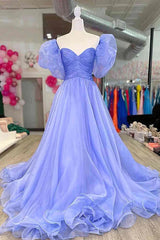Blue Tulle A-line Princess Puff Sleeves Formal Dress