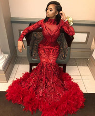 Sexy Sequins Appliques Long Sleeve Mermaid Feather Red Prom Dresses