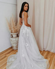 A Line Tulle Romantic V Neck Appliques Wedding Dress