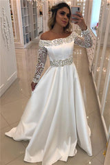 Off The Shoulder Beading Satin Long Sleeve Appliques Bridal Wedding Dress