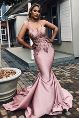 Appliques Open Back Spaghetti Straps Cheap Beads Mermaid Pink Prom Dress