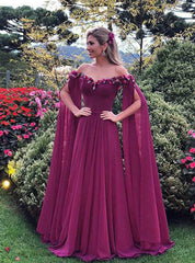 A-Line Purple Tulle Off the Shoulder Appliques Prom Dress