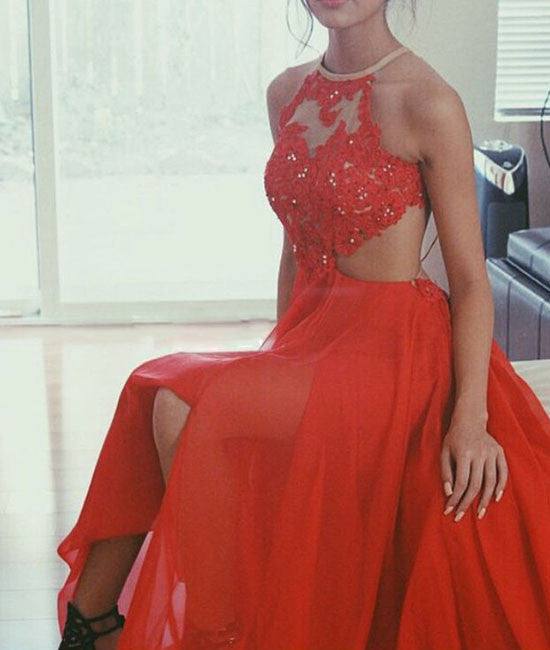 A-line Red Lace Backless Long Prom Dress,Evening Dress - RongMoon