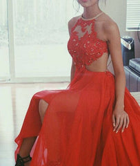 A-line Red Lace Backless Long Prom Dress,Evening Dress - RongMoon