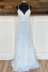 Empire Mermaid White Sequin V-Neck Prom Dress