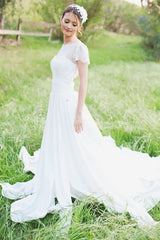 A Line Sweet Lace Chiffon Short Sleeves Wedding Dress