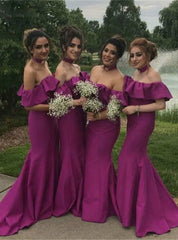 Off the Shoulder Ruffles Purple Mermaid Satin Bridesmaids Dress