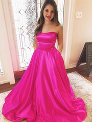 Sweep Train Criss cross Fuchsia Satin Prom Dress With Pockets