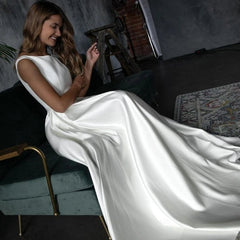 Pockets A Line Satin Scoop Sleeveless Wedding Dress