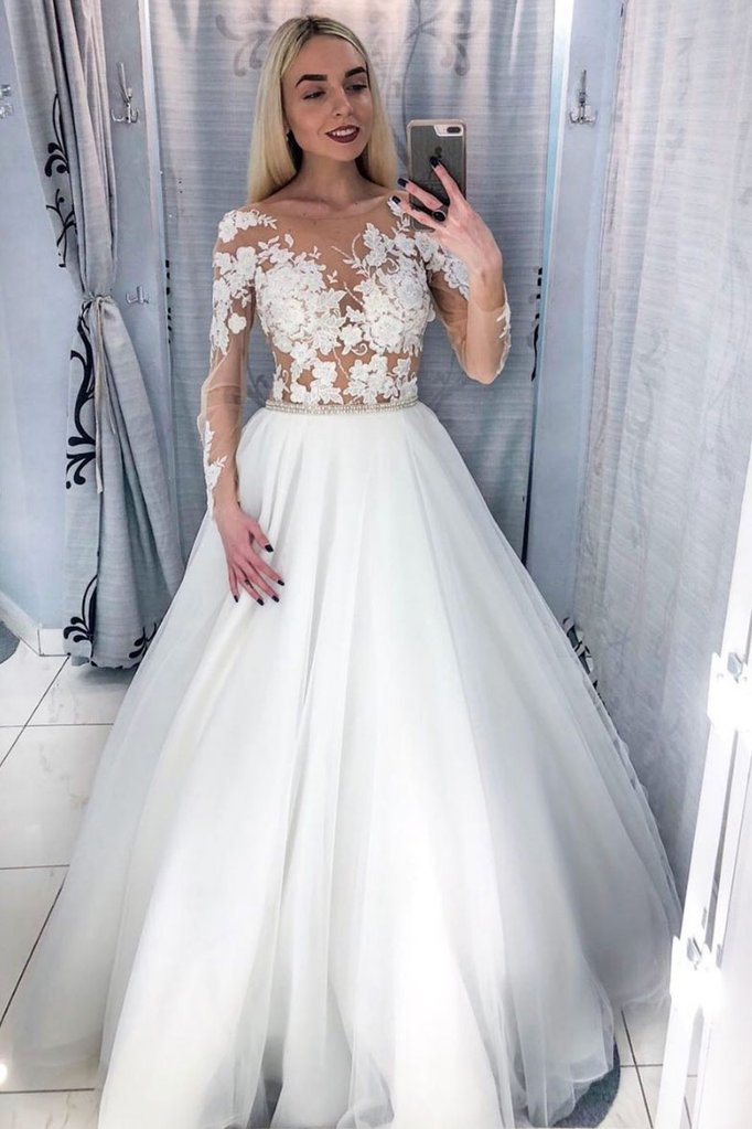 Round Neck Tulle Long Sleeves White Lace Long Prom Dress