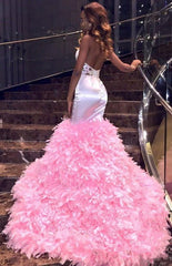 Appliques Ruffles Mermaid Pink High Neck Keyhole Prom Dresses