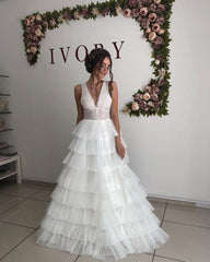 Straps V-neck Cheap A-line Tulle Ruffles Wedding Dress