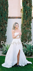 Pretty Straight Simple Two-piece Side Slit Long Wedding Dresses, DB10740