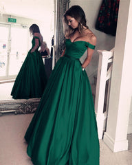 Emerald Green Satin V-neck Evening Gowns Long Off Shoulder Prom Dresses