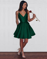 Short Satin V-neck Spaghetti Straps Prom Homecoming Dresses