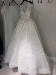 Sparkly Backless V-neck A-line Long Prom Dress, DB10879