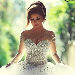 Luxurious Crystal Pearl Beaded Long Sleeves Ball Gowns Wedding Dresses 2019