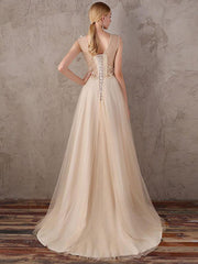 Elegant A-ine V-neck Applique Tulle Prom Dress, DB10910
