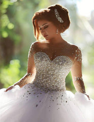 Luxurious Crystal Pearl Beaded Long Sleeves Ball Gowns Wedding Dresses 2019