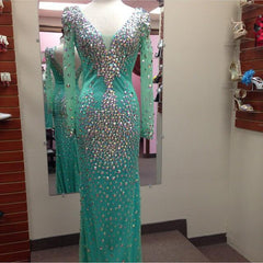 Long Sleeves Crystal Mermaid Prom Dresses 2017