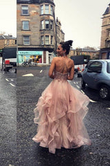 Pink tulle lace long prom dress sweet 16 dress - RongMoon