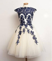 Unique lace tulle short prom dress, lace bridesmaid dress - RongMoon