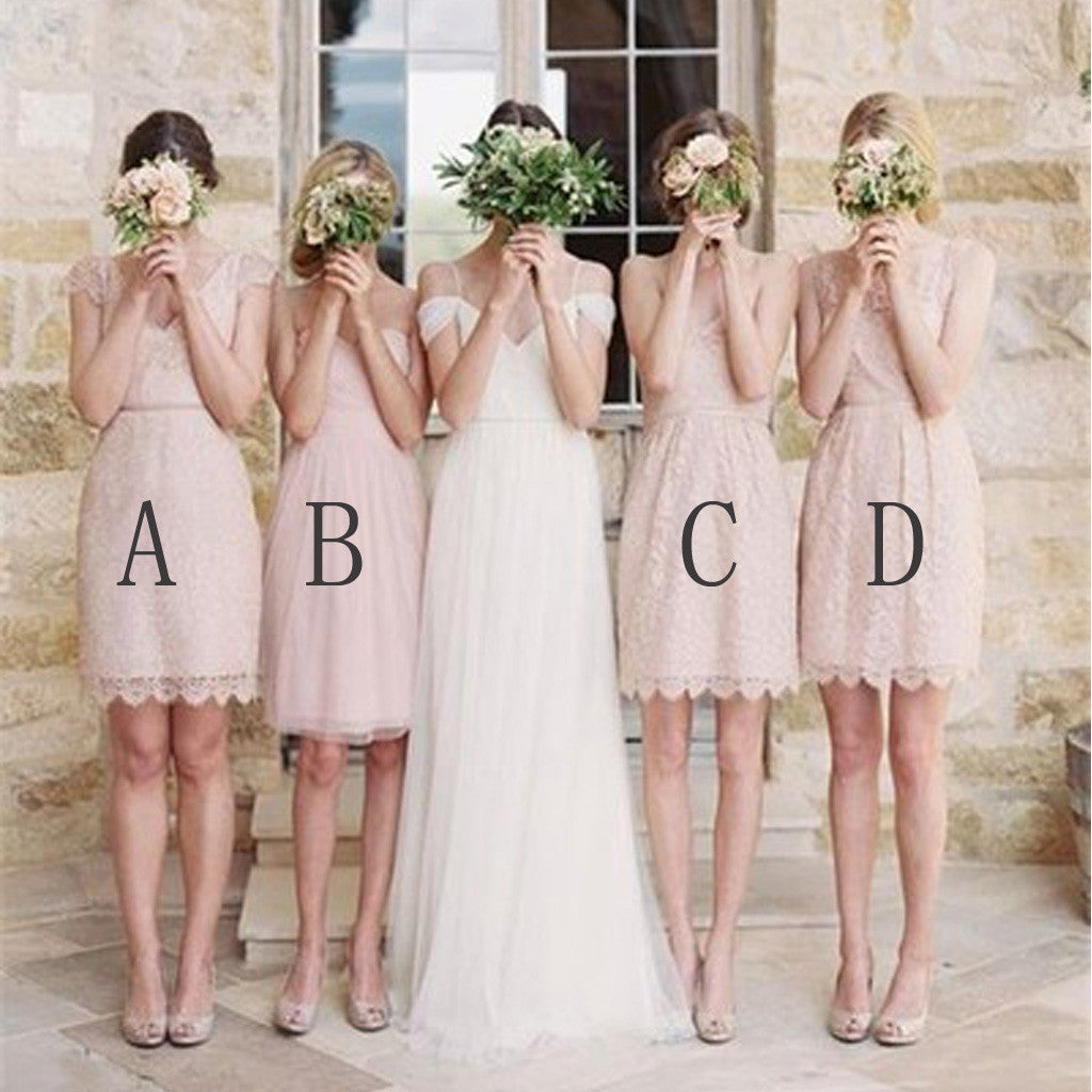 Lovely Pretty Mismatched Sleeveless Junior Lace Chiffon Blush Pink Mini Column Bridesmaid Dress, WG115