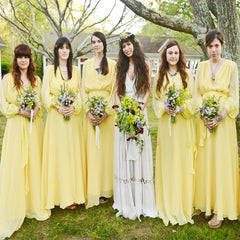 Cheap Yellow Country Long Sleeve Simple Chiffon Floor Length Wedding Party Popular Bridesmaid Dress. DB1025