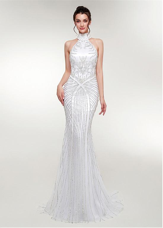 Tulle High Collar White Long Mermaid Evening Dress