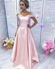 Baby Pink Long Satin Off Shoulder Bridesmaid Dresses