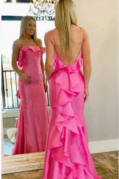 Mermaid Backless Hot Pink Satin Prom Dress With Ruffles