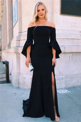 Black Off-The-Shoulder Side-Slit Satin Ruffle Mermaid Prom Dress