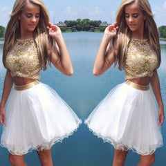 Two Pieces Bare-midriff Rhinestone Beads  A-line Cap Sleeve  Round Neckline Sash Mini Homecoming Dress,BD0106